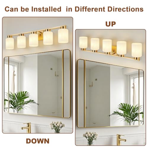 Image of 5-Light Bathroom Light Fixtures, Modern Vanity Lights, Gold Metal Wall Lamp with White Marble Glass for Bathroom, Mirror, Living Room, Bedroom, Cabinet, Porch, Hallway, E26 Base