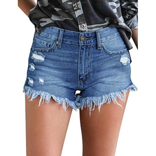 luvamia Women Casual High Waisted Denim Shorts Frayed Raw Hem Ripped Jeans Shorts Large A1 Fresh Bright Blue