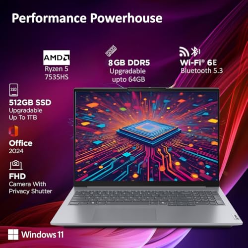 Image of Lenovo ThinkBook 16 AMD Ryzen 5 7535HS (8GB RAM /512GB SSD /Win 11 Home /Office 2024 /Backlit Keyboard /Fingerprint) 16 inch WUXGA IPS 300 Nits Thin & Light Laptop /1Y Warranty /Aluminium Top /1.7kg, 21MWA0BRIN
