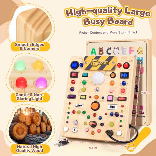 Image of Busy Board with LED Light Switches, Montessori Toys for 1 2 3 Years Old, Toddlers Wooden Toy Sensory Activity Board, Travel Toys for 1+ Year Old Boy & Girl Birthday Gift (19 Switches)