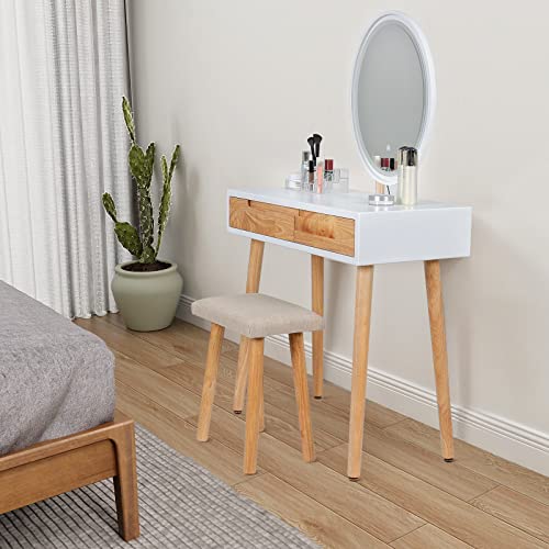 Yourlite Makeup Vanity Desk With Lights,Small Vanity With Adjustable Brightness Mirror For Samll Spaces,Vanity Desk With Drawers (31.5", Oval Mirror Wood) #TOP5