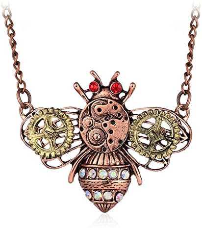 Dreuyet Steampunk Gear Pendant Necklace for Women Personalized Punk Vintage Gothic Love Heart Owl Butterfly Honey Bee Insect Chain Sweater Steam Gear Pendant Necklace Jewelry