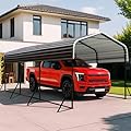 Zynfylus 10x15 Metal Carport with Base Fixings Heavy Duty Garage Outdoor Chrome Plated Frame and Sheet Metal Construction Suitable for Boats, Cars, Tractors and Agricultural Equipment, Dark Gray