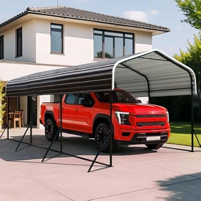 Zynfylus 10x15 Metal Carport with Base Fixings Heavy Duty Garage Outdoor Chrome Plated Frame and Sheet Metal Construction Suitable for Boats, Cars, Tractors and Agricultural Equipment, Dark Gray
