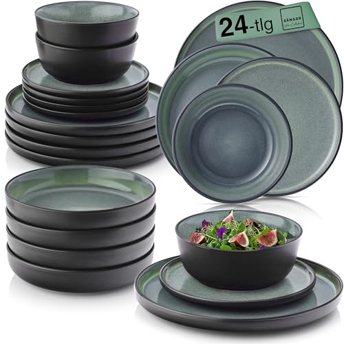 SÄNGER Malmö | Tafelservice 24 teilig, Steingut Geschirr Set 6 Personen, 6x Teller Set 6x Frühstücksteller 6x Tiefe Teller 6x Pastaschalen Geschirrset und Schale dunkelgrün | VALUE COLLECTION
