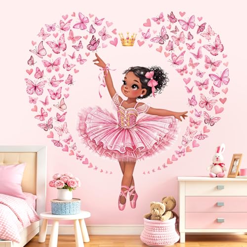 decalmile Stickers Muraux Danseuse Ballerine Rose Autocollant Mural Fille Princesse Papillons Rose Décoration Murale Bébé Fille Chambre Enfants Pépinière