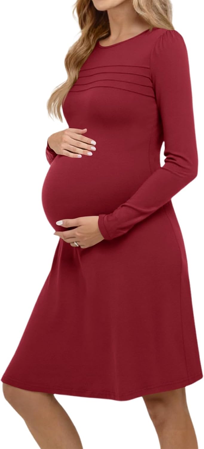 Yousify Womens Long Sleeve Pleated Maternity Dresses Casual A line Knee Length Dress Pregnancy Clothes for Photoshoot