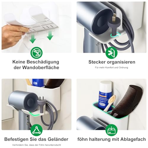 DoocliB Föhn Halterung,Fönhalter Ohne Bohren,Haartrockner Halterung zum Kleben Wandmontage,Haartrocknerhalter für Bad Barbershop Hotel