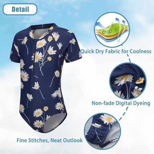 Image of Girls One Piece Rash Guard Swimsuits for Kids Girls Short Sleeve Bathing Suits with Front Zipper Swimwear 3-16 Years