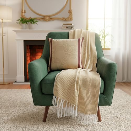 Image of SAJAVAT HOME Soft Cotton 3 Seater Sofa Throw with Cushion Cover | Beige & Yellow White Throw 82 inchx52 inch & Yellow Silk Cushion Cover 18''x18'' for Living Room, Bedroom, Sofa, Chair & Gift | Pack of 1