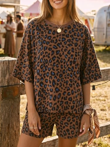 Image of Tankaneo Womens Pajama Sets 3 /4 Sleeve Oversized Tops & Loose Fit Shorts Lounge Set with Pockets Loungewear