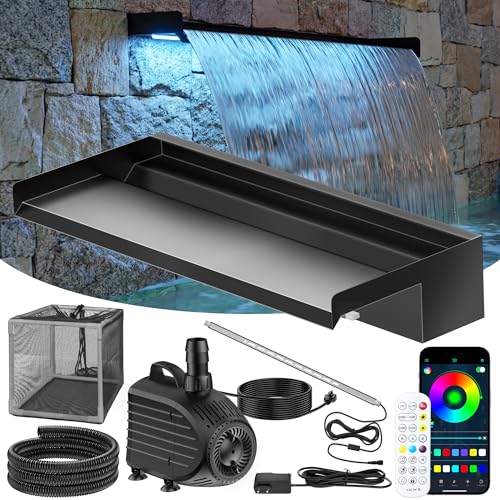 POPOSOAP Pond Waterfall Kit with Colorful LED Lights & 1200GPH Pond Pump, APP & Remote Control, Auto Timer, Pond Waterfall Spillway with 9.8FT Corrugated Tube for Pool, Garden, Patio, Backya