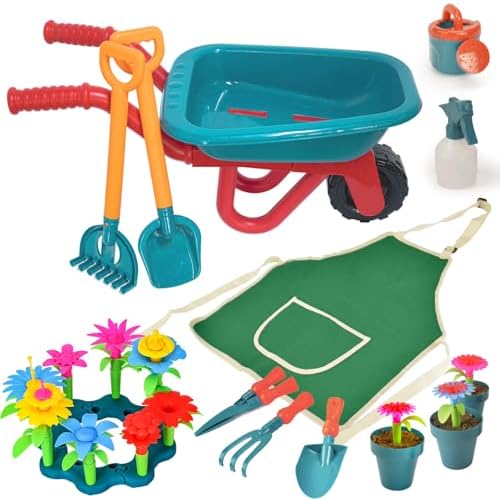 unanscre Gardening Tool Set for Kids, with Toddler Wheelbarrow, Watering Can, Spray Bottle, Double Rake, Shovel, Trowel, Pruner, Flowers Kit, Apron, Pretend Play Garden Toys for Age3+ Outdoor Yard