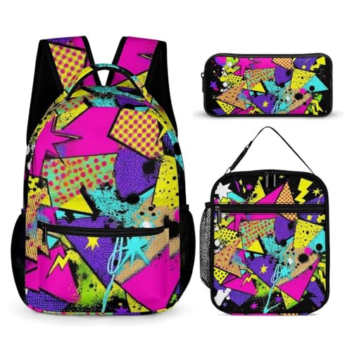 Backpack Bookbag Set Colorful Black Dots Geometric Stripes 80s 90s Style (1) Backpack with Lunch Bags and Makeup Bag Shoulder Bag with Lunch Box Storage Bags