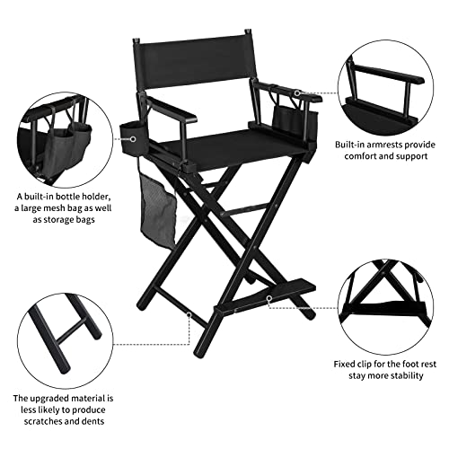mefeir Upgraded 24\" Height Tall Director Chair Folding Artist Makeup with Replacement Cover Canvas, Storage Side Bags, Portable Footrest, Support 250 lbs,Solid Hardwood & Polyester Black - Thumbnail 4
