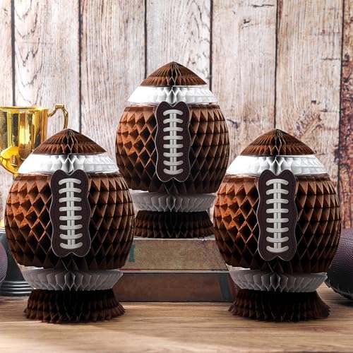 Fourluoo 3Pcs Football Party Decorations Large Football Honeycomb Centerpieces 3D Ball Table Decor Sports Ball Paper Honeycomb Decorations for Tailgate Party Decoration(Dark Brown,7.4 Inch)