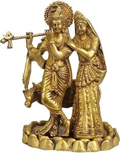 AONA Radha-Krishna with Cow - Brass Statue, Height 10.5 inches