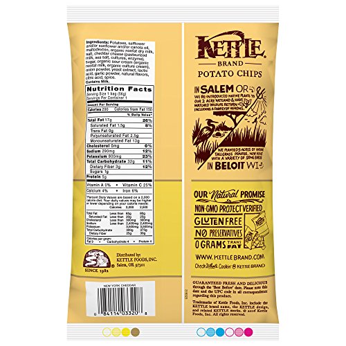 Image of Kettle Brand Potato Chips, New York Cheddar Bags,5 Ounce (Pack of 8)