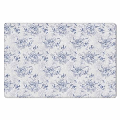 Vintage Flower Antifatigue Kitchen Bath Door Mat Cushioned Runner Rug,Washable Welcome Floor Sink Mat,Waterproof & Non-Slip Standing Doormat for Kitchen,Pastoral Country Botanical Plant Blue 18