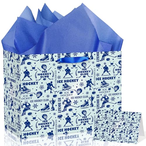 Ice Hockey Gift Bag Blue Hockey Sports Themed Gift Bags with Card & Tissue Paper Ice Hockey Club Wrapping Paper Bag for Kids Teens Men Sports Fans Birthday Team Celebration Party Favors