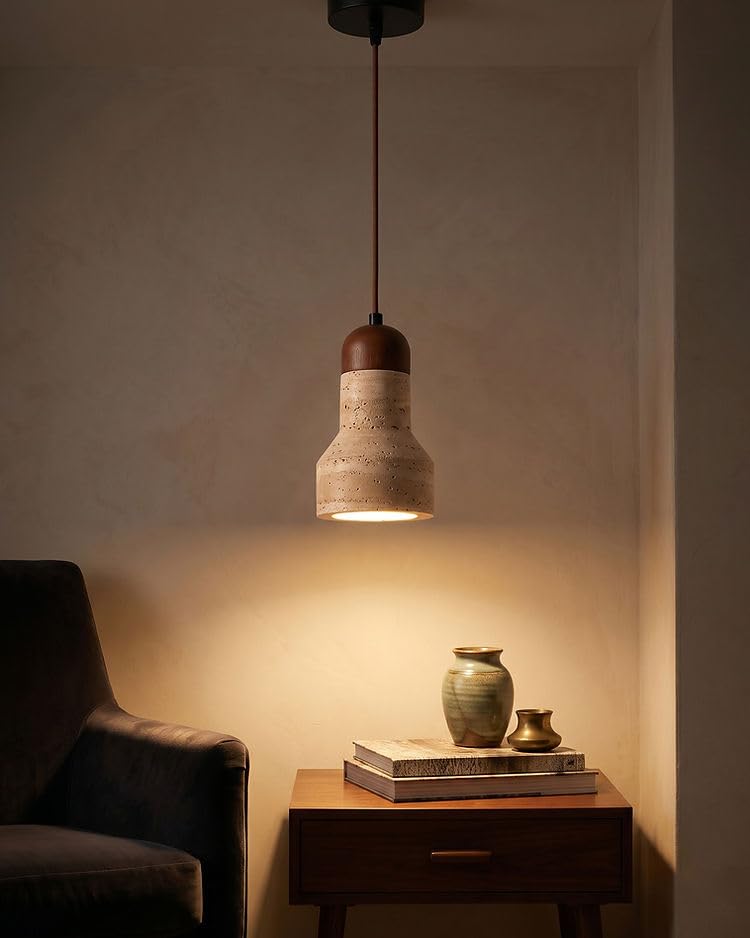 HDC Japanese Style Wabi Sabi Natural Stone Cement Pendant Light Nordic Minimalist Hanging Ceiling Lamp Wooden Decorative Suspension Light for Living Room Bedroom Kitchen Island Foyer Home Décor(C)-picture-10