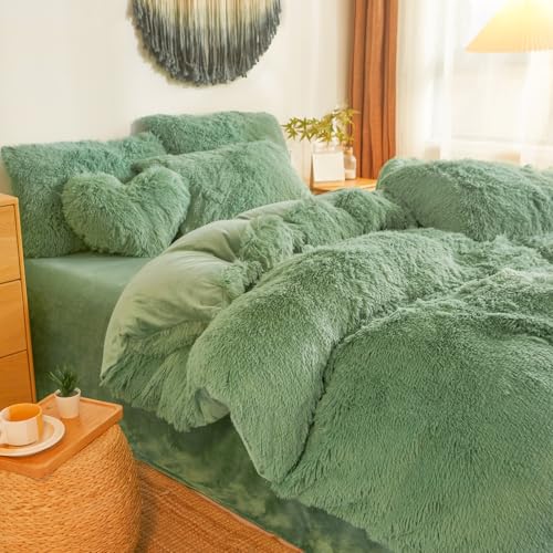 Shaggy Fluffy Green Comforter Cover King Set – Faux Fur Shaggy Green Bedding 3-Piece Set (1 Duvet Cover + 2 Furry Pillow Shams) Cozy Bed Set