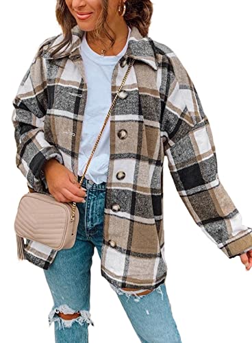 PRETTYGARDEN Women's Fall Clothes Plaid Shacket Jacket Trendy Casual Long Sleeve Button Down Flannel Shirts Fashion Blouse