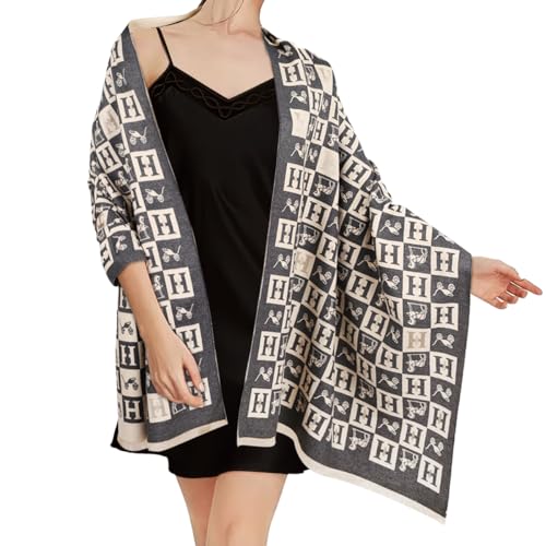 Relang Scarfs for Women Pashmina Silky Shawl Wrap for Evening Dressing Blanket Open Front Poncho Cape Gray Plaid