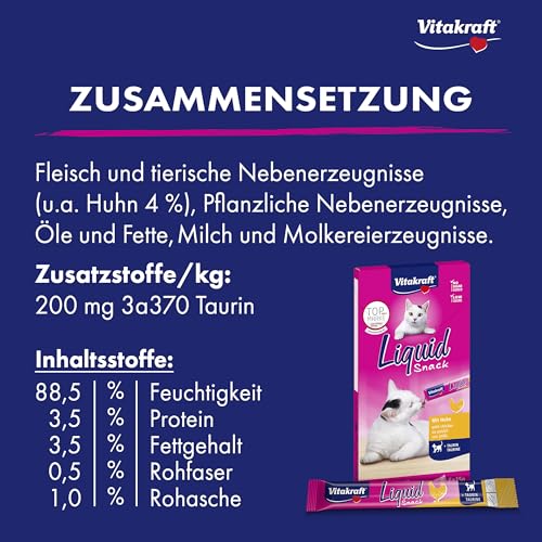 Vitakraft Liquid Snack, Katzen Leckerli, Katzensnack cremig, mit Huhn und Taurin, in einzelnen Sachets, unterstützt die Augen und das Herz (1 Paket mit 6x 15g)