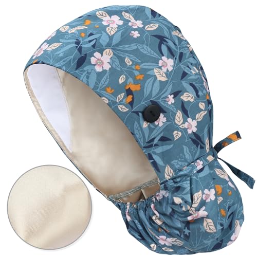 Image of QBA Adjustable Working Cap with Button, Satin-Lined Hat, Cotton Working Hat Sweatband, Elastic Tie Back Hats Unisex