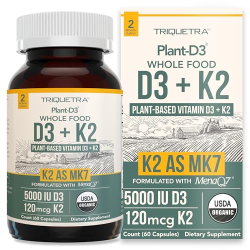 Organic Plant D3 + K2 | 5000 iu D3 + 120 mcg K2 as All-Trans MK7 from MenaQ7® - 100% Whole Food, Raw & Vegan | Enhanced Digestion with Prebiotic & Superfood Complex – D3 from Organic Algae (60 Count)