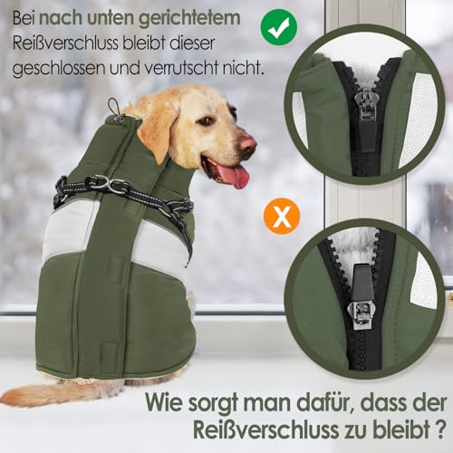AOFITEE Hundejacke Große Hunde, Wasserdicht Winter Hundemantel mit Geschirr für große Hunde, Warme Hundemantel Hunter Fleece Wintermäntel Hundekleidung Schneeanzug für Französische Bulldogge, Grün L