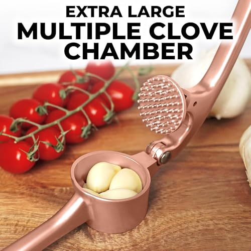 Image of Zulay Kitchen Large Premium Garlic Press Set - Bigger Bowl for Bigger Garlic - Rust Proof Garlic Mincer Tool - Easy-Squeeze, Easy-Clean Silicone Garlic Peeler & Brush (Rose Gold)