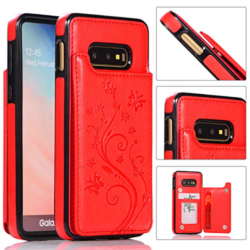 QFUN Back Wallet Case for Samsung Galaxy S10e with Stand, Elegant Embossed Design [Butterfly Flower] Lightweight Slim Fit Leather Phone Case with Card Holder Protective Bumper Flip Cover - Red