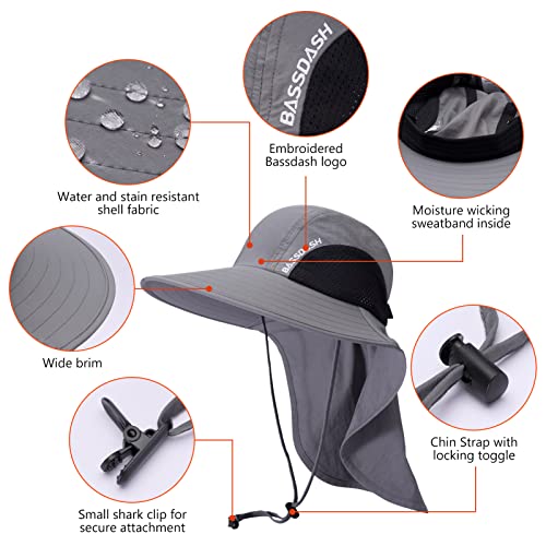 Image of BASSDASH UPF 50+ Unisex Water Resistant Wide Brim Sun Hat with Large Neck Flap Ponytail Fishing Hat for Men Women