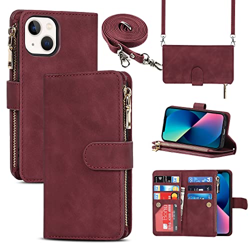 SailorTech Funda de cuero para iPhone 13 Mini Funda tipo libro con ranuras para tarjetas con hebilla magnética con cierre de cremallera y correa ajustable para collar con cordón Carcasas rojo vino Cover