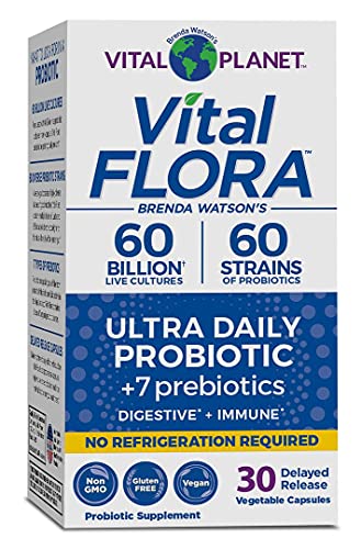 Vital Planet - Vital Flora Ultra Daily Shelf Stable Probiotic Supplement with 60 Billion Cultures and 60 Strains, Immune and Digestive Probiotics for Women and Men with Prebiotic Fiber, 30 Capsules