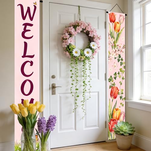 Image of Nuxovilar Spring Tulip Butterfly Banners Set 12x70 Inches Polyester | Spring Porch Sign, Hanging Decor Floral Welcome Banner, Tulip Butterfly Accent Patio, Yard, Outdoor (Floral Spring)