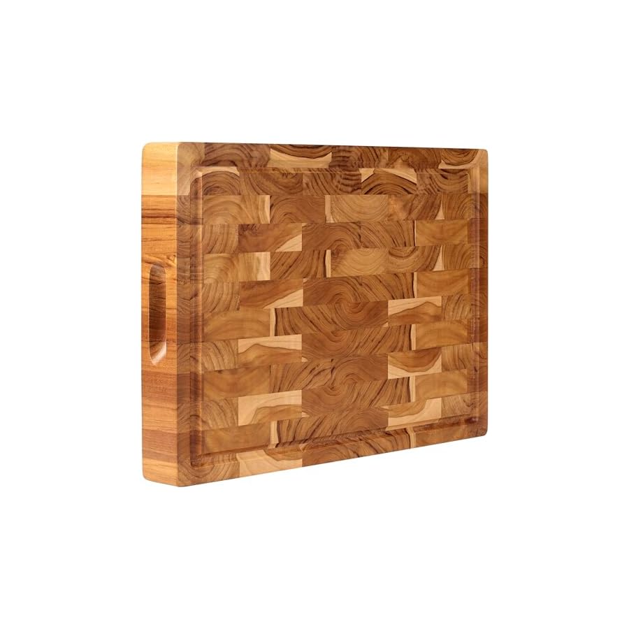 Teak Wooden Cutting Board (17x13x1.5in) End Grain Cutting Board, Butcher Block, Chopping Board - Reversible Multipurpose For Kitchen with Juice Groove & Inner Handles with Gift Box Included