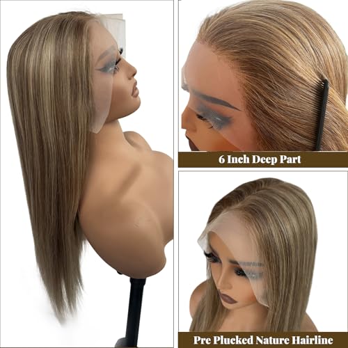 Image of Straight Highlight Lace Front Wig Human Hair 180% Density 13X6 HD Balayage Glueless Wigs Human Hair Ombre Light Brown Mixed Chestnut Brown with Ash Blonde Lace Front Wig Pre Plucked Hairline 32 Inch