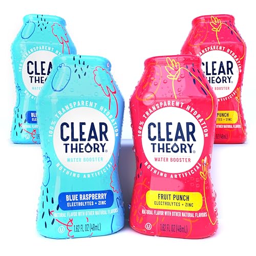 Clear Theory Water Flavoring Drops with Electrolytes, Water Enhancer Liquid Flavored Water Drink Mix, Hydration for Kids, Vegan, Gluten Free, Low Calorie (Blue Raspberry & Fruit Punch)