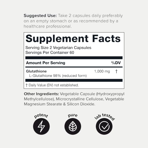 Image of Toniiq NSF Certified Ultra High Strength Glutathione Capsules - 1000mg Concentrated Formula - 98%+ Purified and Bioavailable - Non-GMO Fermentation - 120 Capsules Reduced Glutathione Supplement