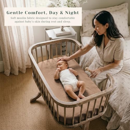 Image of 3 Pack Muslin Bassinet Fitted Sheets for Bedside Sleepers | Soft Cotton Baby Sheet Set Compatible with Baby Delight for Boys and Girls, Dream On Me, AMKE and Other Rectangle Mattresses