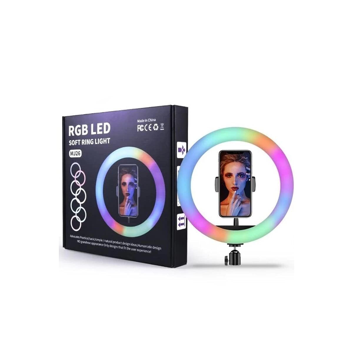 JANDEI – Pierścień świetlny LED RGB 26CM/260MM ze statywem i obsługą telefonu komórkowego i zdalnego sterowania, 15 kolorów ściemniania, 10 poziomów jasności do selfie makijaż Youtube TIK Tok Vlog