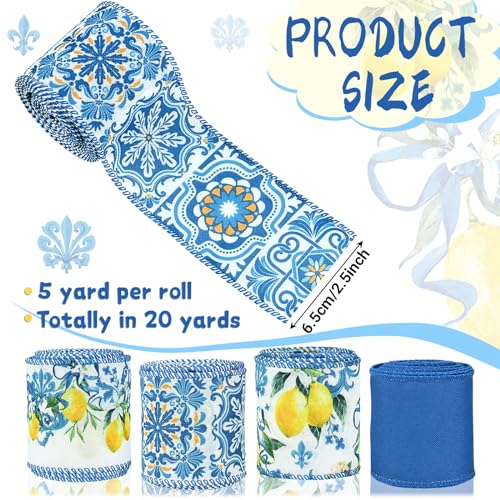 4Rolls 20 Yards Lemon Wired Edge Ribbon 2.5inch Summer Blue Tiles Yellow Lemon Printed Fabric Ribbon for Wreath Bow Making DIY Crafts Wrapping Supplies by Honic - Used condition - Image 2