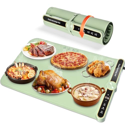 Food Warming Mat - Silicone Electric heating Tray, 9 Adjustable Temperature Timer & Auto Shut-Off, Full Surface Rapid Heating, Portable Warming Mat For Food Ideal for Buffets Party Gatherings (Green)