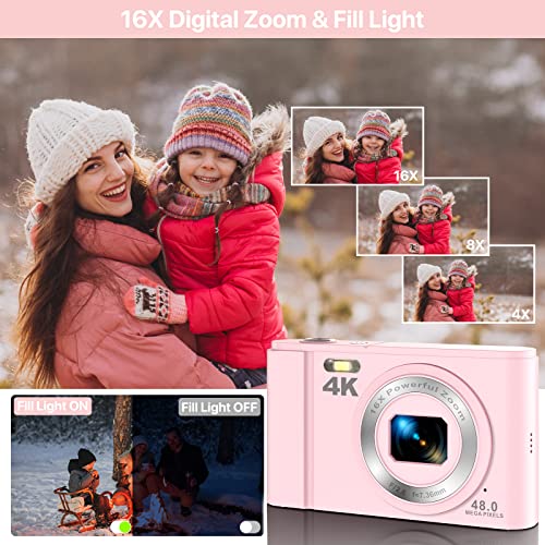 Digital Camera, 4K 48Mp Vlogging Camera Compact Pocket Camera With 16X Zoom 32Gb Sd Card, Point And Shoot Camera For Adult Seniors Students Kids Beginner(Pink) #TOP1