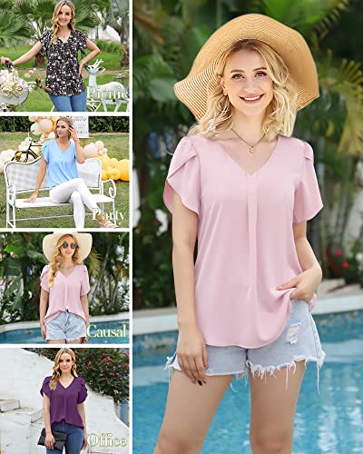 Gaharu Blouses For Women Business Casual Spring Blouses Chiffon V Neck Short Sleeve Work Shirts Pleated Office Top Rose Pink,M #TOP4