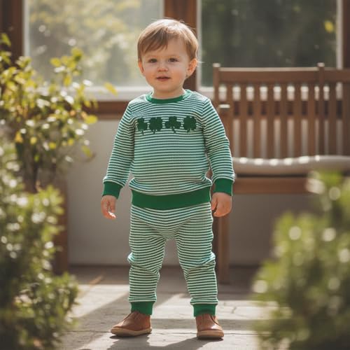 Image of Toddler Baby Boy St Patricks Day Outfit Infant Lucky Clover Sweatshirt Pants Set Little Kids Spring Warm Clothes