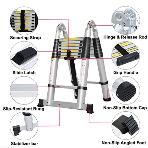 16.5FT Telescopic Folding Ladder Extension Aluminum 2.5M+2.5M A-Frame 5M Straight Ladder Telescoping Portable Foldable Anti-Slip Steps Multi-Purpose With Support Bar EN131 Safe Standard MAX Load 330LB